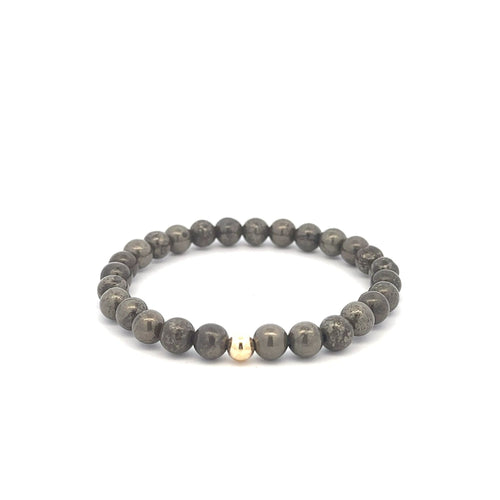 Natural Pyrite 6mm Stretchable Bracelet 18k Gold Bead Charm - Rafant