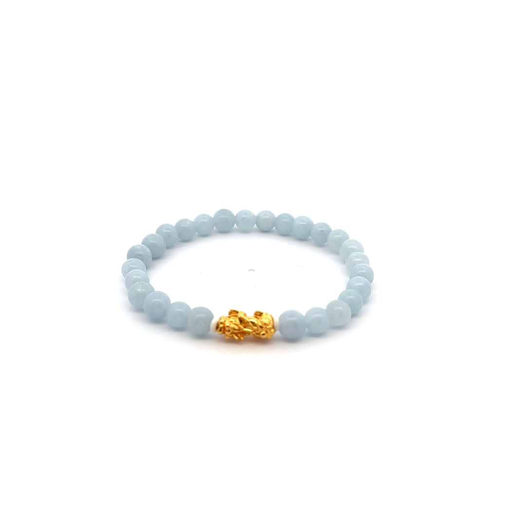 18K Gold Pixiu Piyao Lucky Charm Bracelet Natural Aquamarine Gemstones 6mm