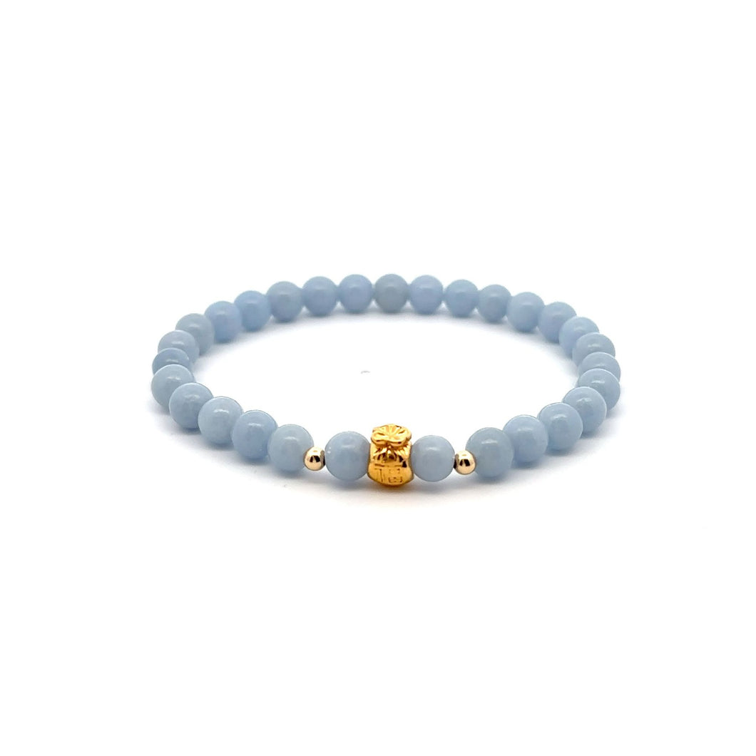 18K Gold Money Bag Lucky Charm Beads Bracelet Gemstones Natural Angelite 6mm - Rafant