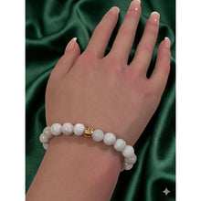 Load image into Gallery viewer, 18K Solid Gold Money Bag Lucky Charm Bracelet - Natural Jade &amp; Clear Quartz Lotus 7.5 - 8mm Gemstone Stretch Bracelet

