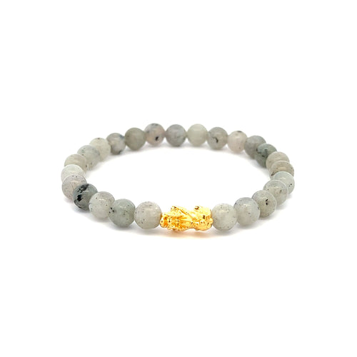 18K Gold Pixiu Piyao Bracelet Elastic Natural Gemstones Labradorite 6mm - Rafant