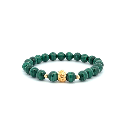 18K Gold Money Bag Lucky Charm Beads Bracelet Gemstones Malachite 7mm - Rafant