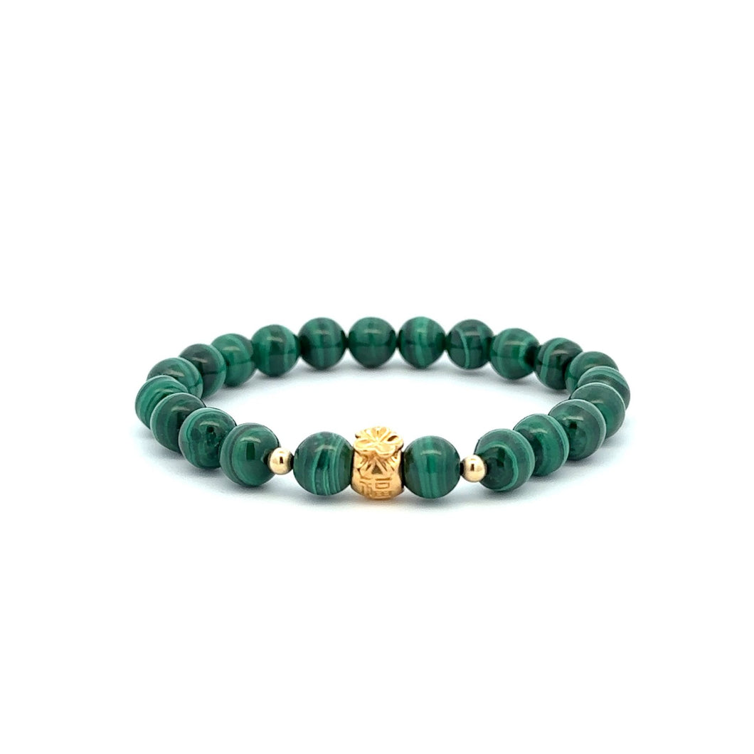 18K Gold Money Bag Lucky Charm Beads Bracelet Gemstones Malachite 7mm - Rafant