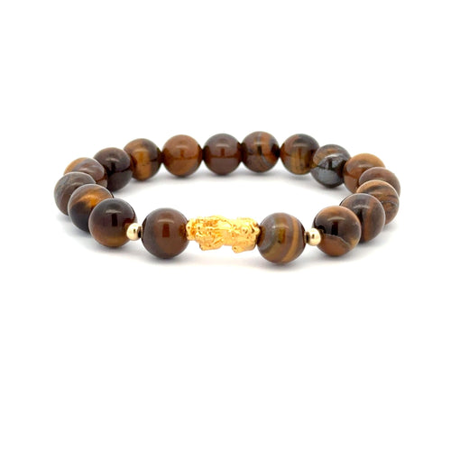 18K Gold Dragon Pixiu Piyao Lucky Charm Bead Bracelet Gemstones Tiger's Eye 8mm - Rafant