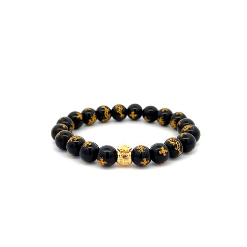 18K Gold Money Bag Black Agate Gemstones 7.5-8mm Lucky Charm Elastic Bracelet - Rafant