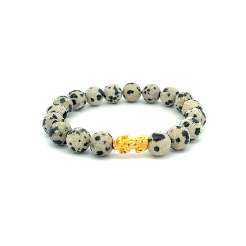 18K Gold Dragon Pixiu Piyao Lucky Charm Bracelet Gemstones Dalmatian Jasper 8mm - Rafant