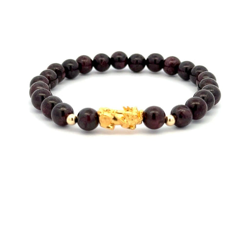 18K Gold Dragon Pixiu Piyao Lucky Charm Beads Bracelet Gemstones Garnet 6mm - Rafant