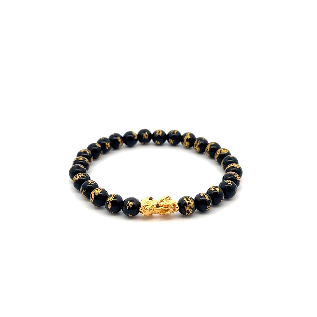 18K Gold Pixiu Piyao Bracelet Natural Black Carved Onyx Gemstones 6mm Lucky Charm