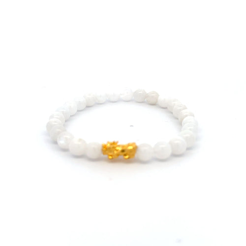 18K Gold Pixiu Piyao Bracelet Natural Gemstones Moonstone 6mm Elastic Bracelet - Rafant