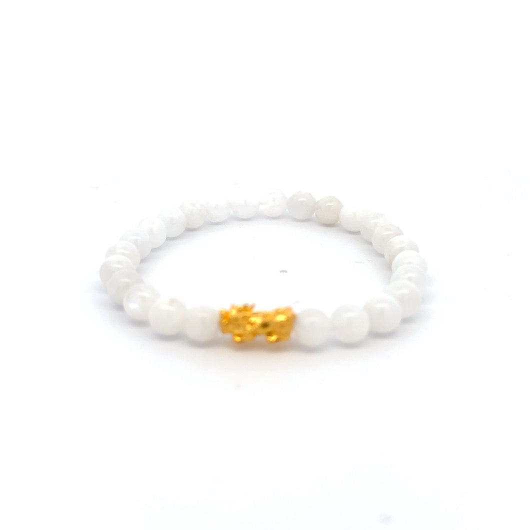 18K Gold Pixiu Piyao Bracelet Natural Gemstones Moonstone 6mm Elastic Bracelet - Rafant