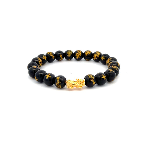 18K Gold Dragon Pixiu Piyao Lucky Charm Bracelet Gemstones Black Agate Dragon 7.5-8mm - Rafant