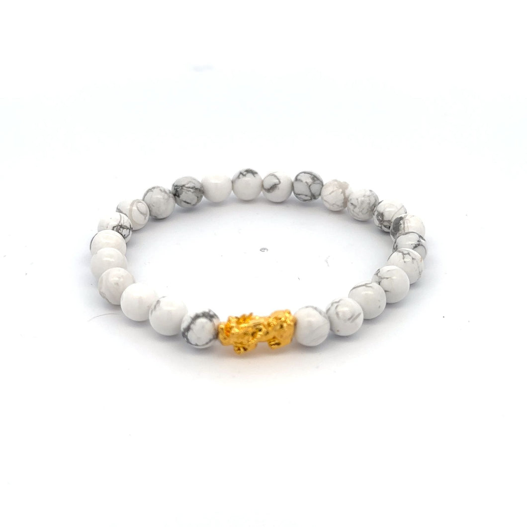 18K Gold Pixiu Piyao Dragon Bracelet Natural White Howlite Gemstones 6mm Elastic Bracelet - Rafant