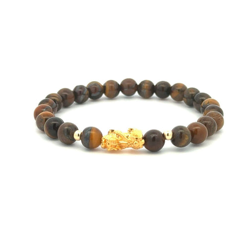 18K Gold Dragon Pixiu Piyao Lucky Charm Beads Bracelet Gemstones Tiger's Eye 6mm - Rafant