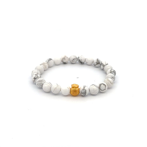 24K Yellow Gold Money Bag Lucky Bracelet Natural White Howlite Gemstones 6mm - Rafant