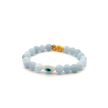 Load image into Gallery viewer, 18K Gold Pixiu Piyao Bracelet Natural Gemstones Aquamarine 6mm Evil Eye MOP
