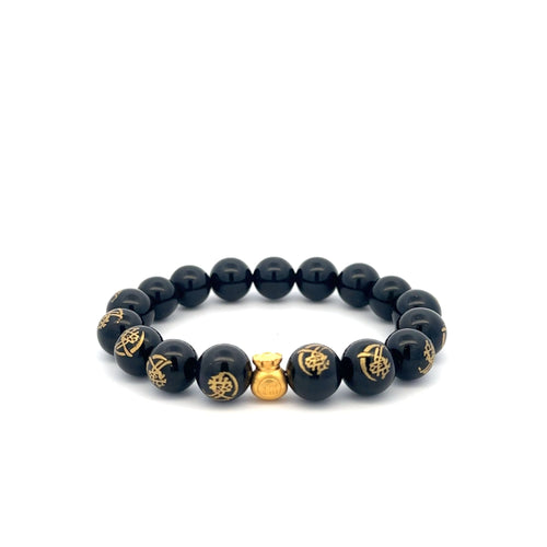 24K Yellow Gold Money Bag Lucky Bracelet Carved Black Agate Gemstones 10mm - Rafant