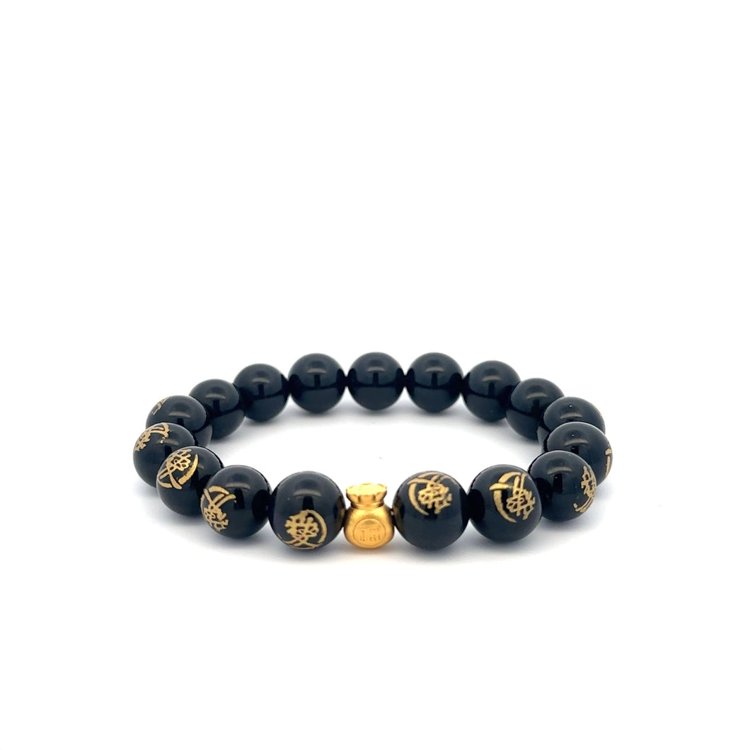 24K Yellow Gold Money Bag Lucky Bracelet Carved Black Agate Gemstones 10mm - Rafant
