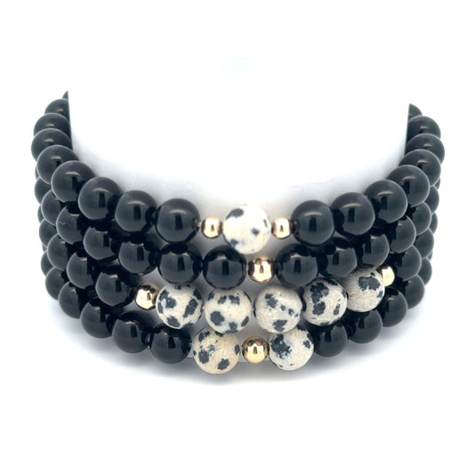 Natural Dalmatian Jasper 14K Solid Gold Bead Stretch Bracelet Choose Your Style - Rafant