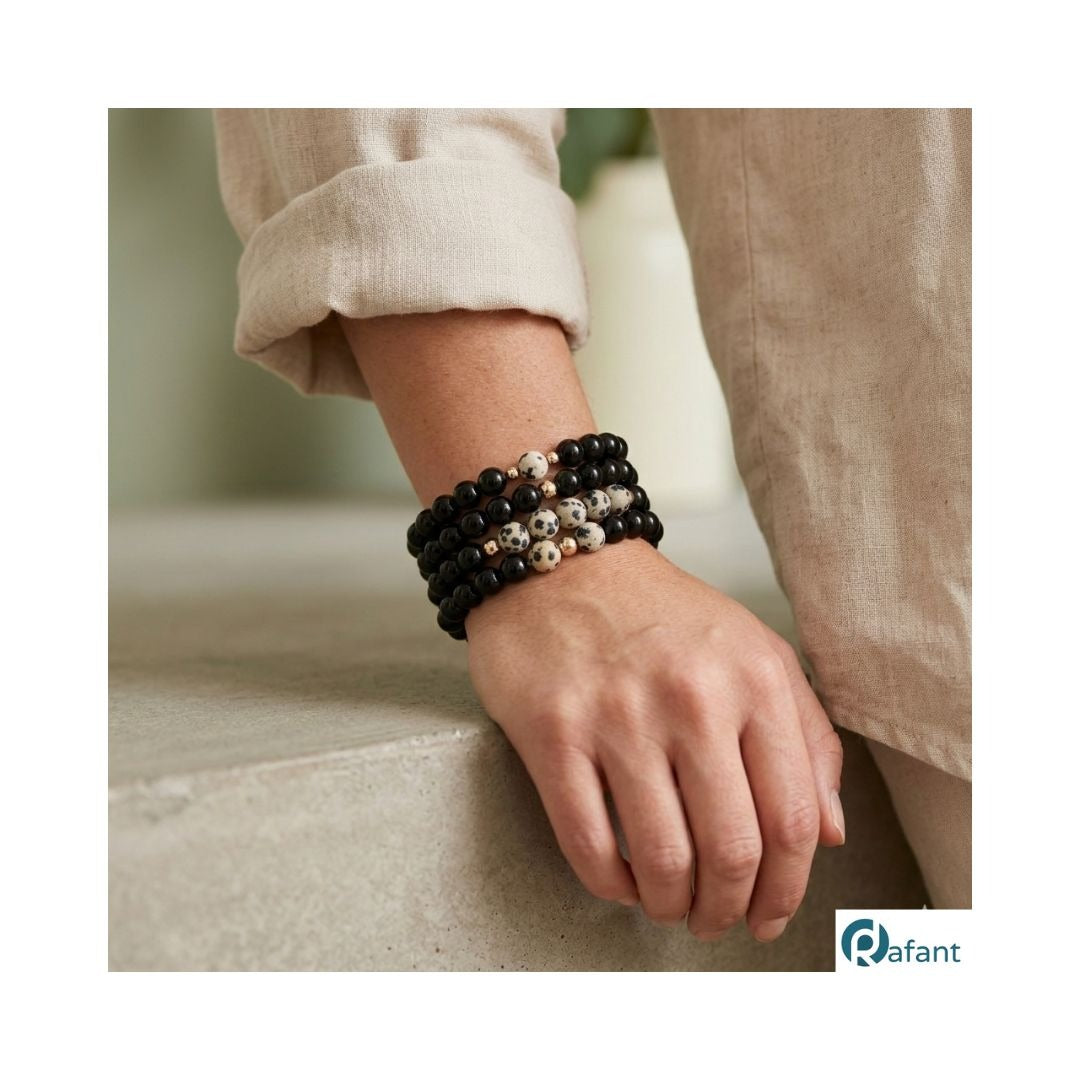 Natural Dalmatian Jasper 14K Solid Gold Bead Stretch Bracelet Choose Your Style - Rafant