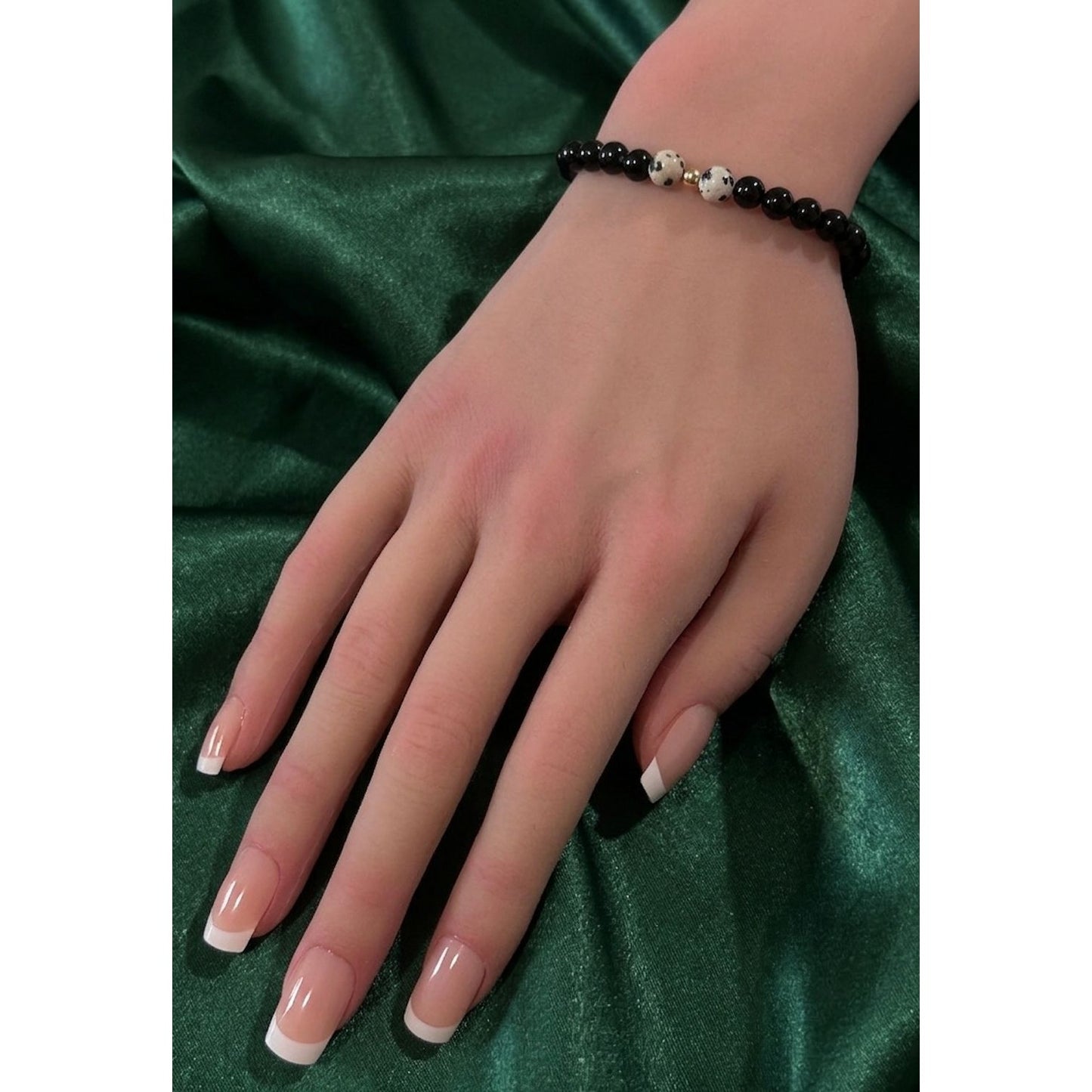 Natural Dalmatian Jasper 14K Solid Gold Bead Stretch Bracelet Choose Your Style - Rafant