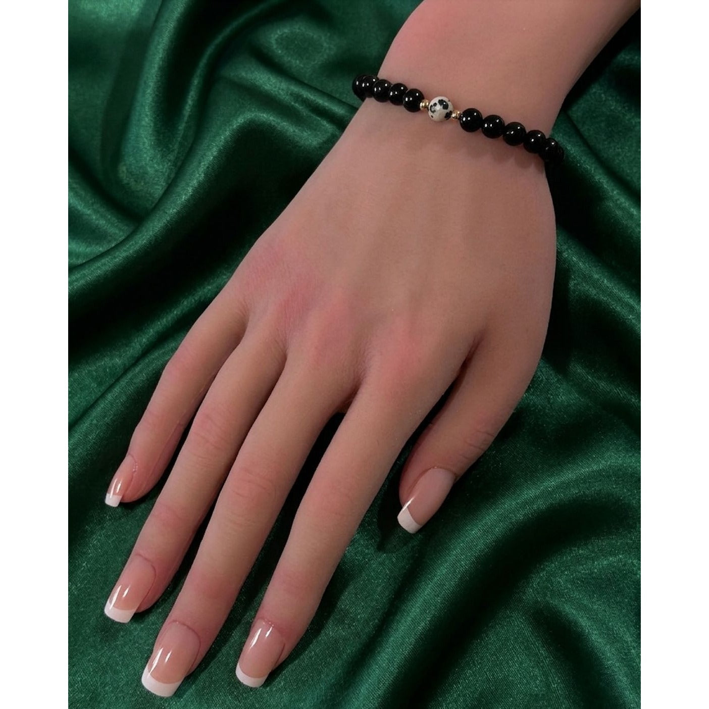 Natural Dalmatian Jasper 14K Solid Gold Bead Stretch Bracelet Choose Your Style - Rafant