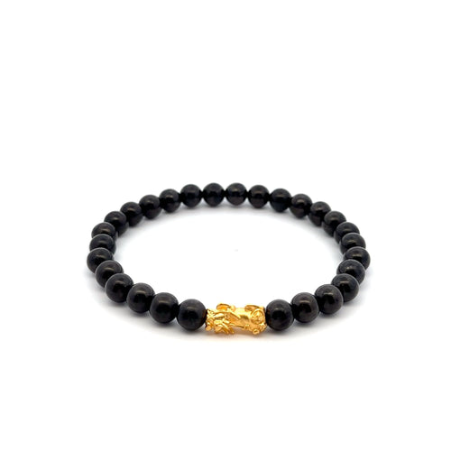 24K Gold Piyao Pixiu Lucky Charm Bracelet Gemstones Shungite 6mm Size 7 inches - Rafant