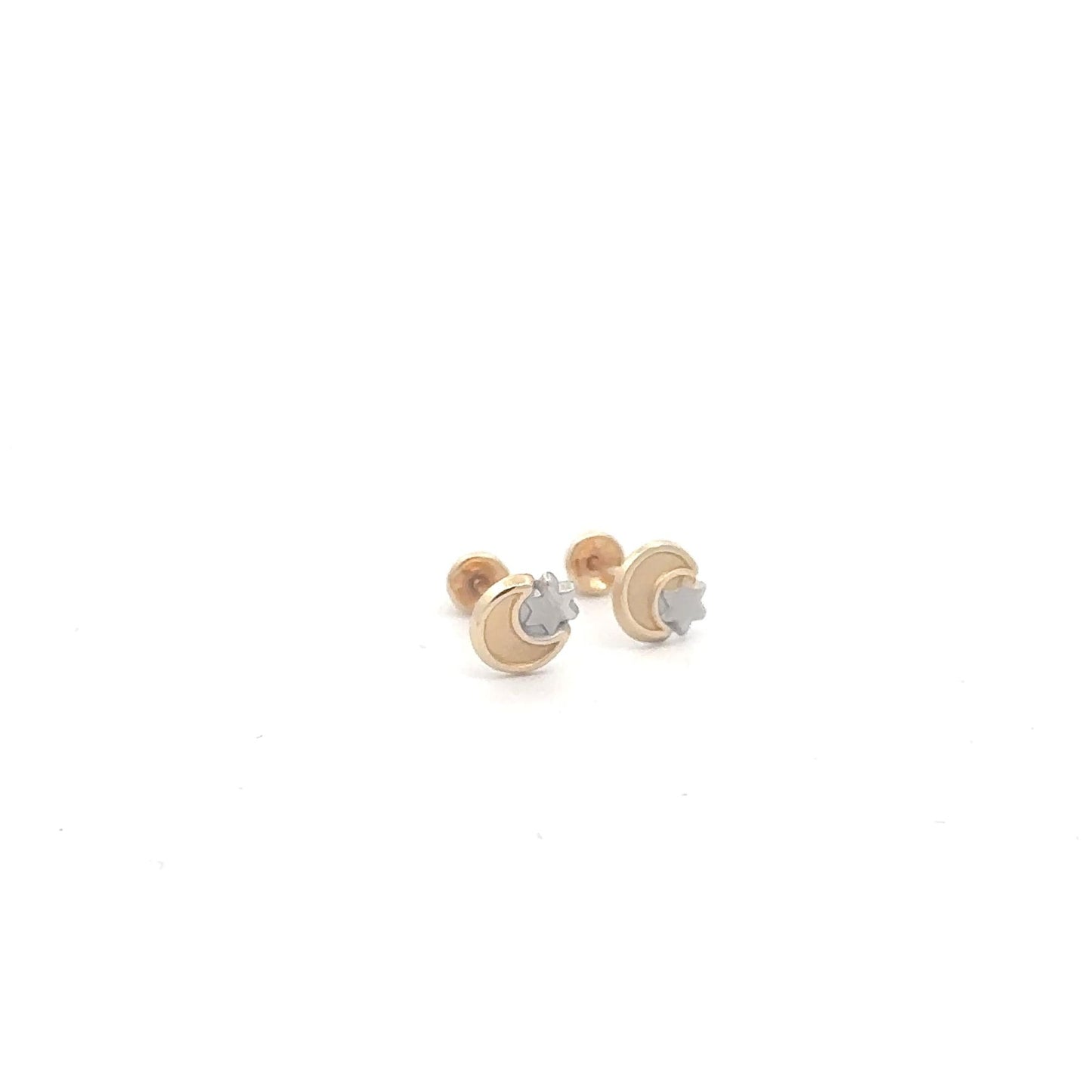 14K Gold Stud Earrings Moon Star Screw Back Type - Rafant