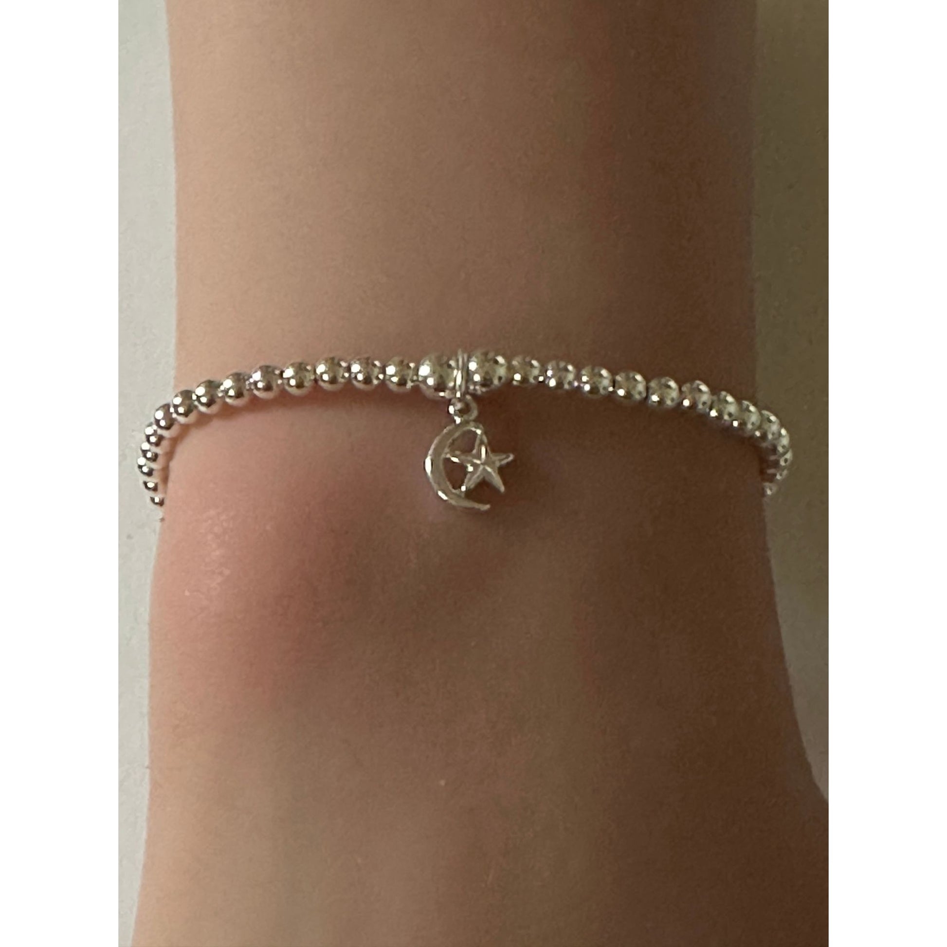 925 Sterling Silver Beaded Stretch Stacking Bracelet Star Moon Charm Minimalist Size 6.5" - Rafant