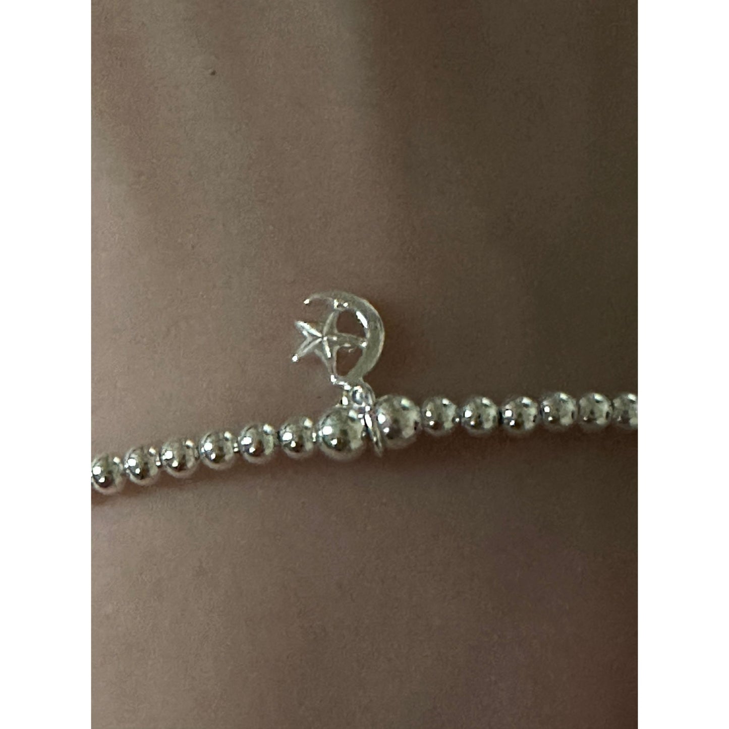925 Sterling Silver Beaded Stretch Stacking Bracelet Star Moon Charm Minimalist Size 6.5" - Rafant