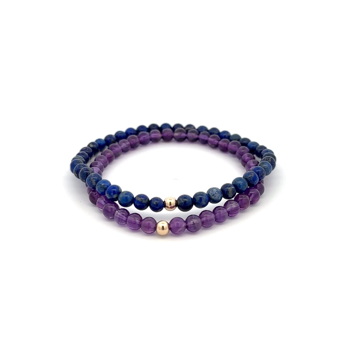 Lapis Lazuli & Amethyst Gemstone Stretch Bracelet with 14K Gold Accent Bead Handmade - Rafant
