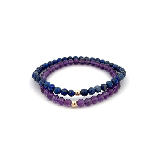 Lapis Lazuli & Amethyst Gemstone Stretch Bracelet with 14K Gold Accent Bead Handmade - Rafant