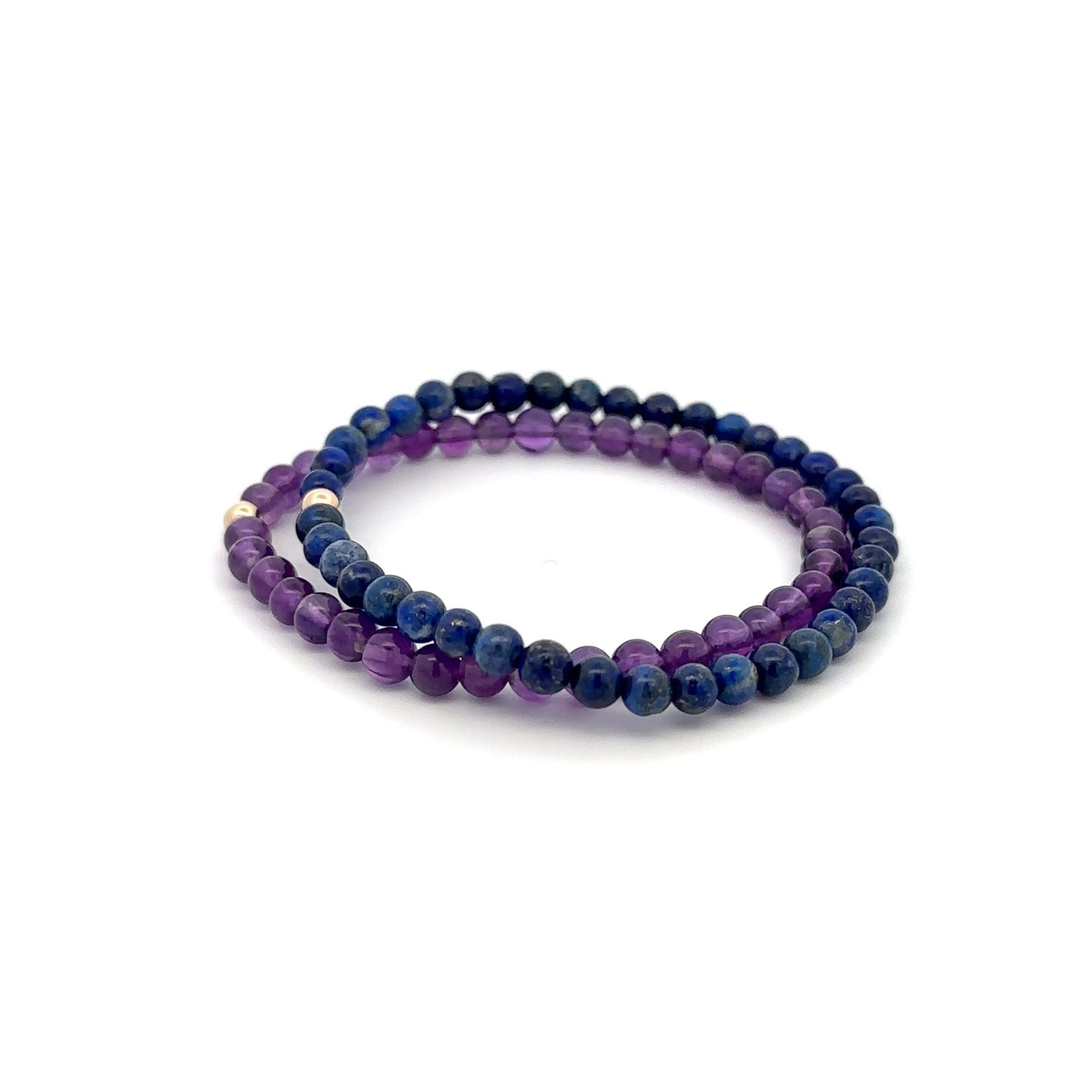 Lapis Lazuli & Amethyst Gemstone Stretch Bracelet with 14K Gold Accent Bead Handmade - Rafant