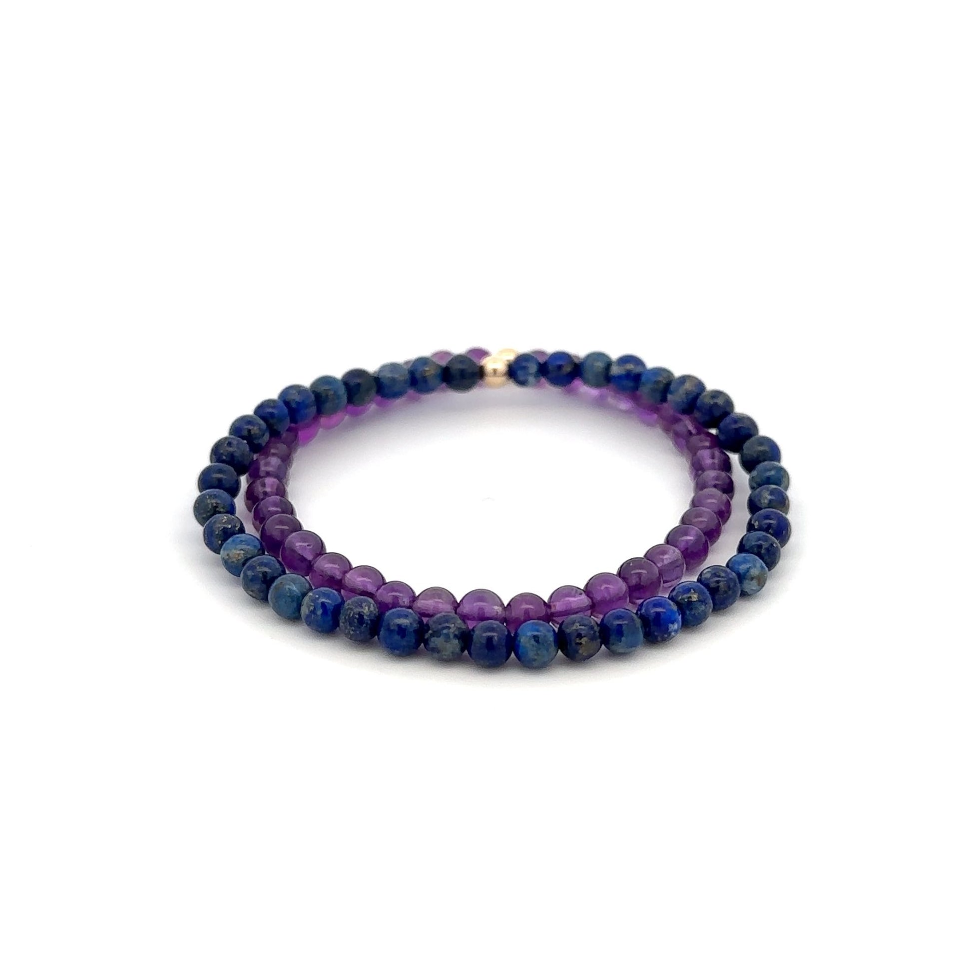 Lapis Lazuli & Amethyst Gemstone Stretch Bracelet with 14K Gold Accent Bead Handmade - Rafant
