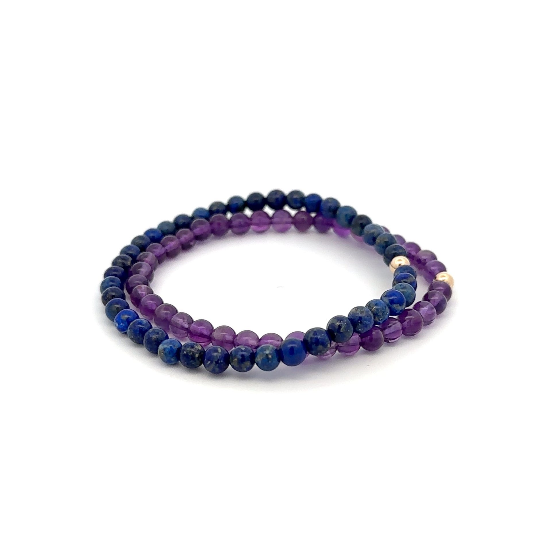 Lapis Lazuli & Amethyst Gemstone Stretch Bracelet with 14K Gold Accent Bead Handmade - Rafant