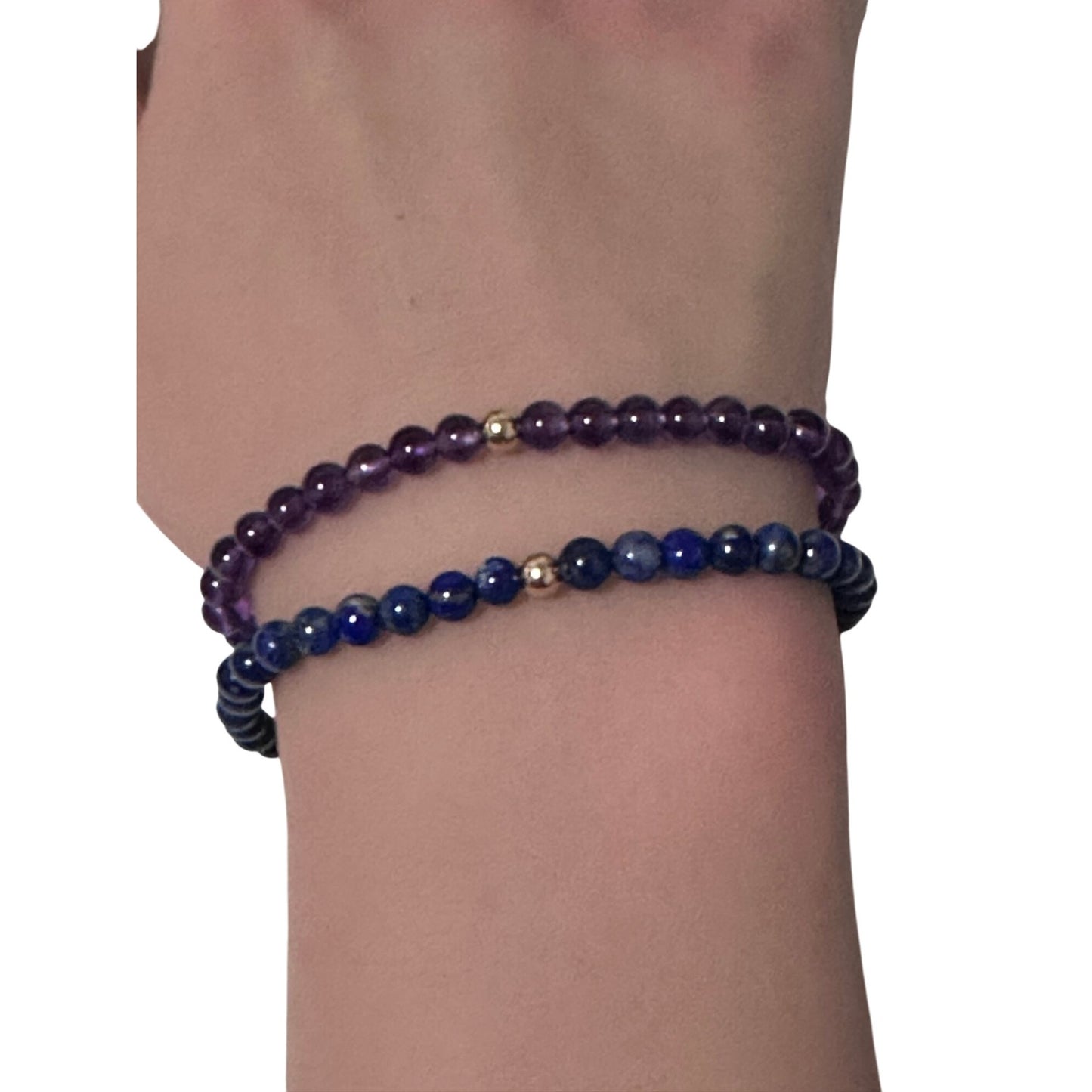 Lapis Lazuli & Amethyst Gemstone Stretch Bracelet with 14K Gold Accent Bead Handmade - Rafant