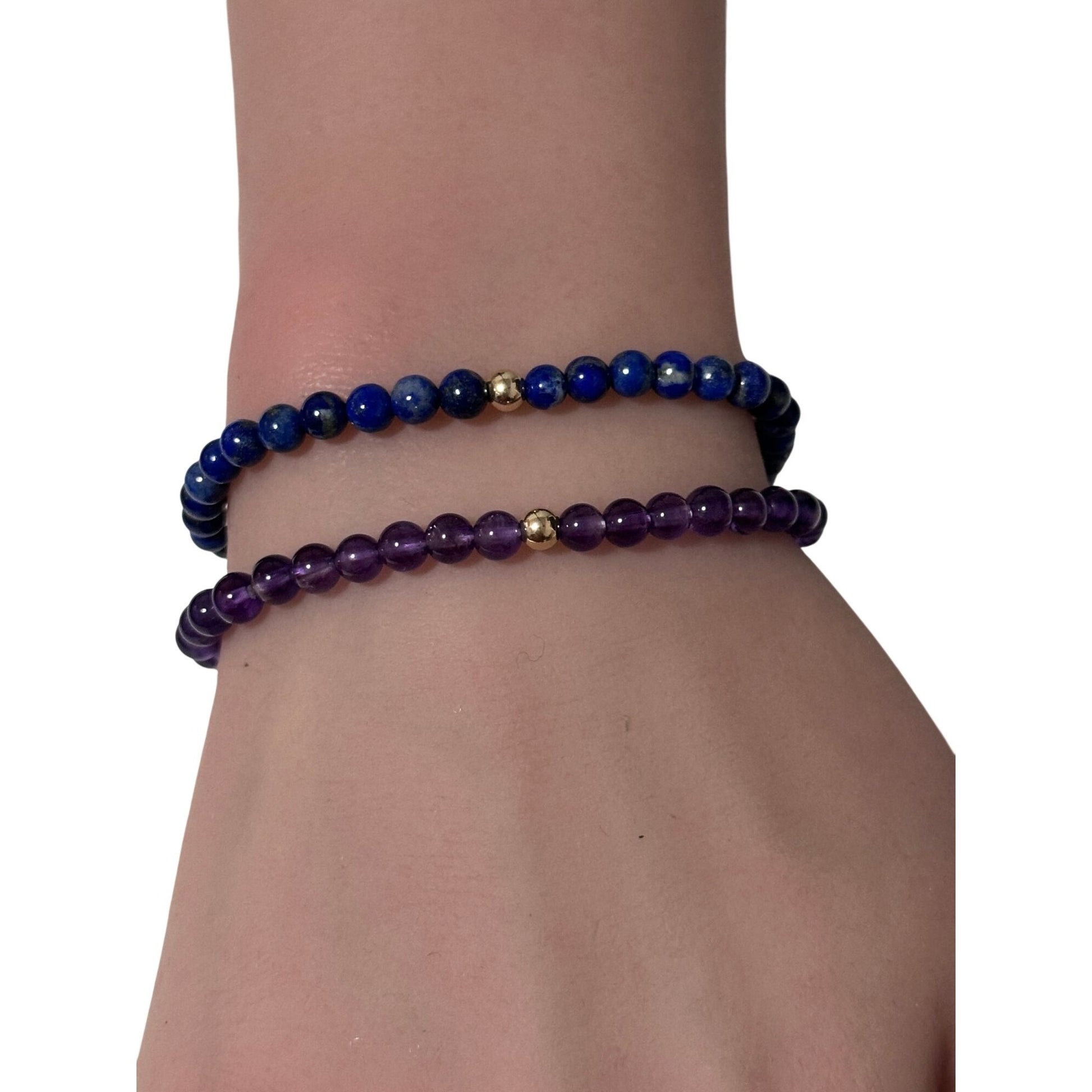 Lapis Lazuli & Amethyst Gemstone Stretch Bracelet with 14K Gold Accent Bead Handmade - Rafant