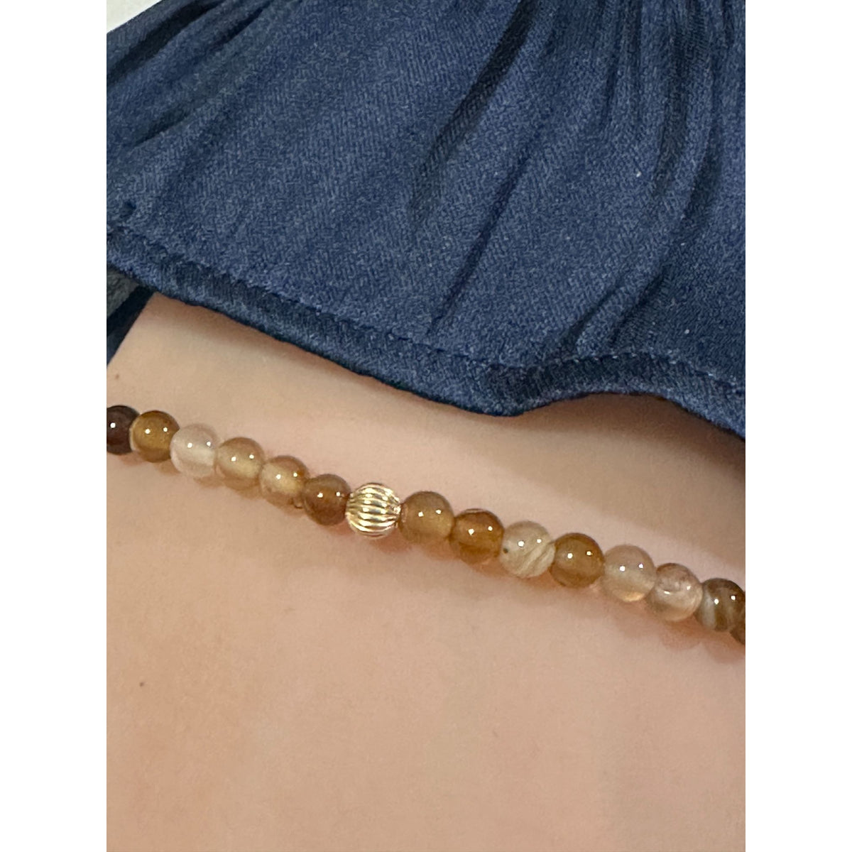 Brown Agate Stretch Bracelet with 14K Gold Bead, 4mm, 7″