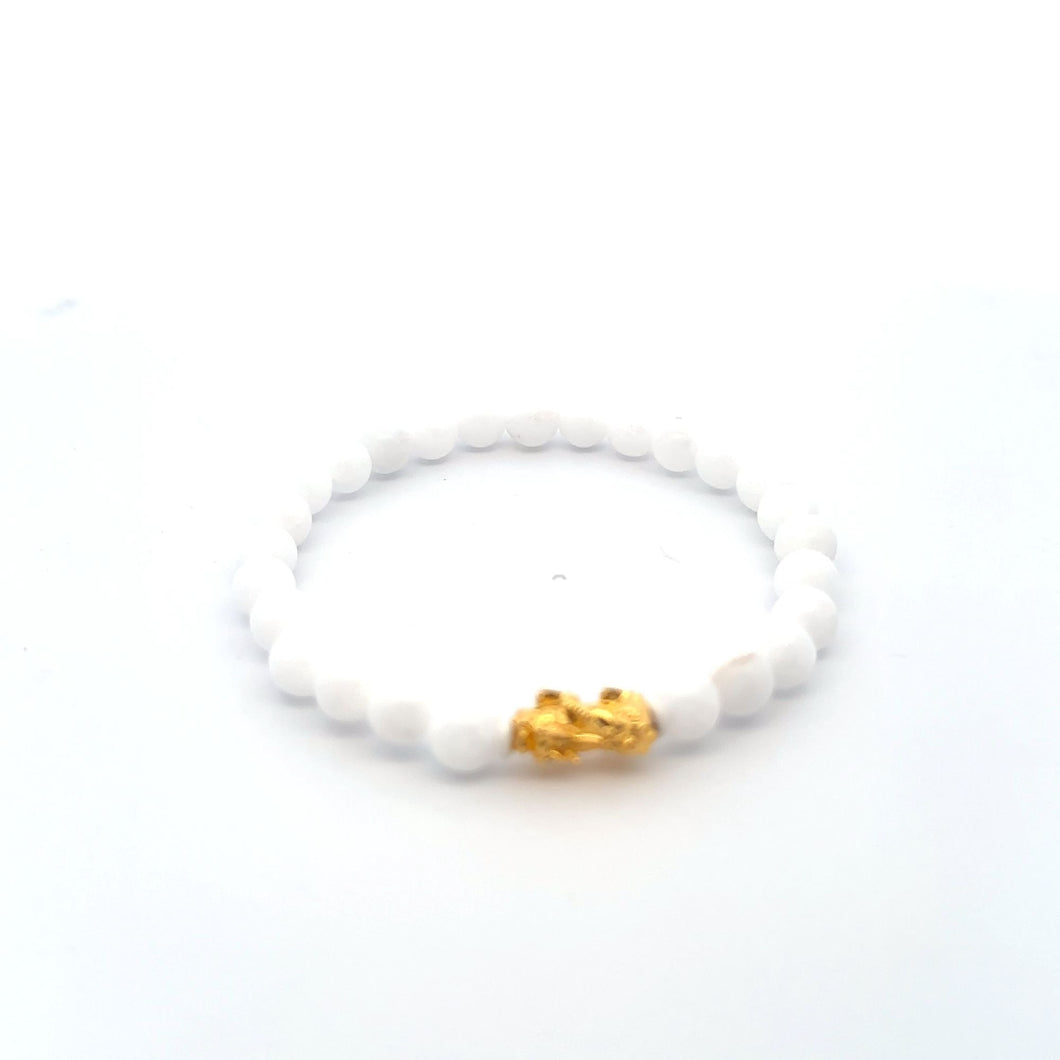 18K Gold Pixiu Piyao Lucky Charm Bracelet Natural White Jade Gemstones 6mm