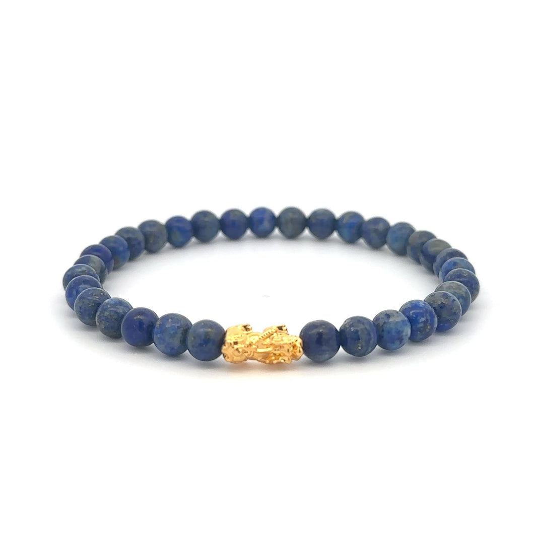 18K Gold Dragon Pixiu Piyao Lucky Charm Bracelet Gemstones Lapis Lazuli 6mm Size 7.5 inches