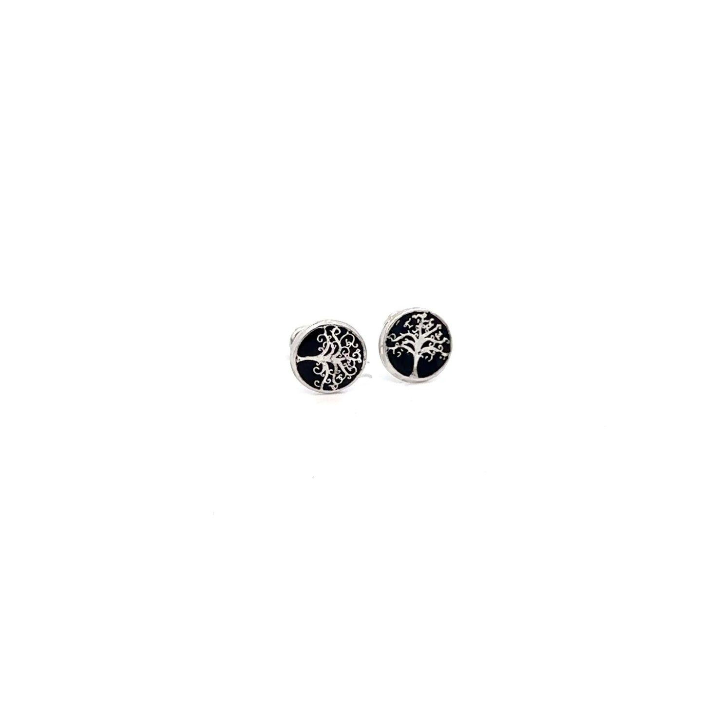 925 Sterling Silver Stud Tree of Life Black Earrings Small Screw Back - Rafant