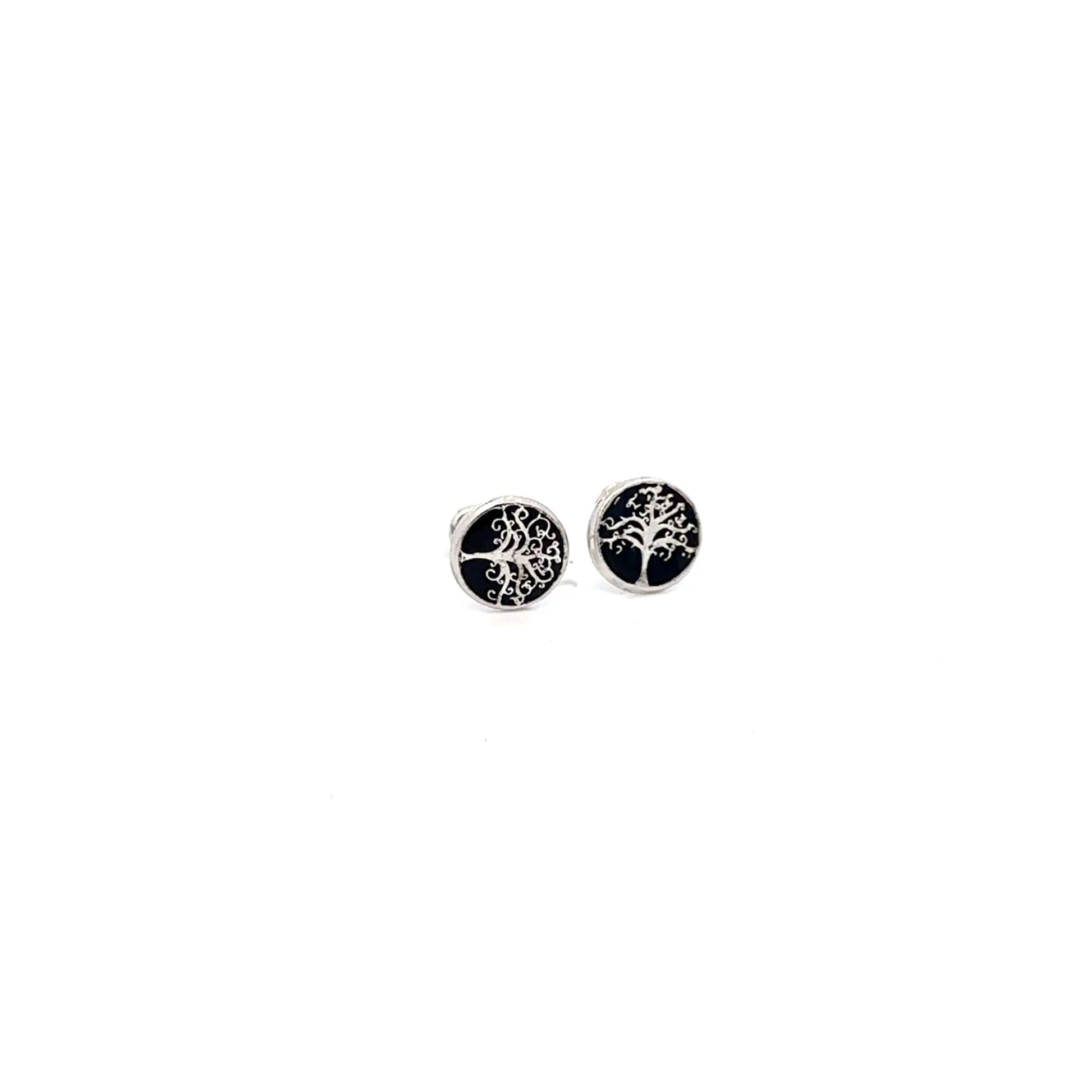 925 Sterling Silver Stud Tree of Life Black Earrings Small Screw Back - Rafant