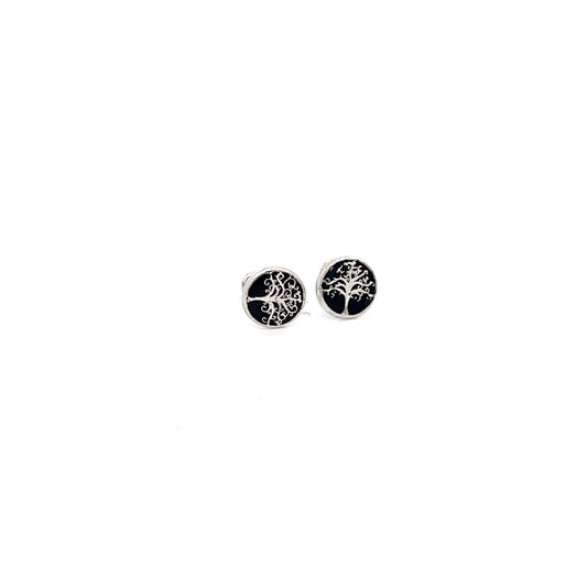 925 Sterling Silver Stud Tree of Life Black Earrings Small Screw Back - Rafant