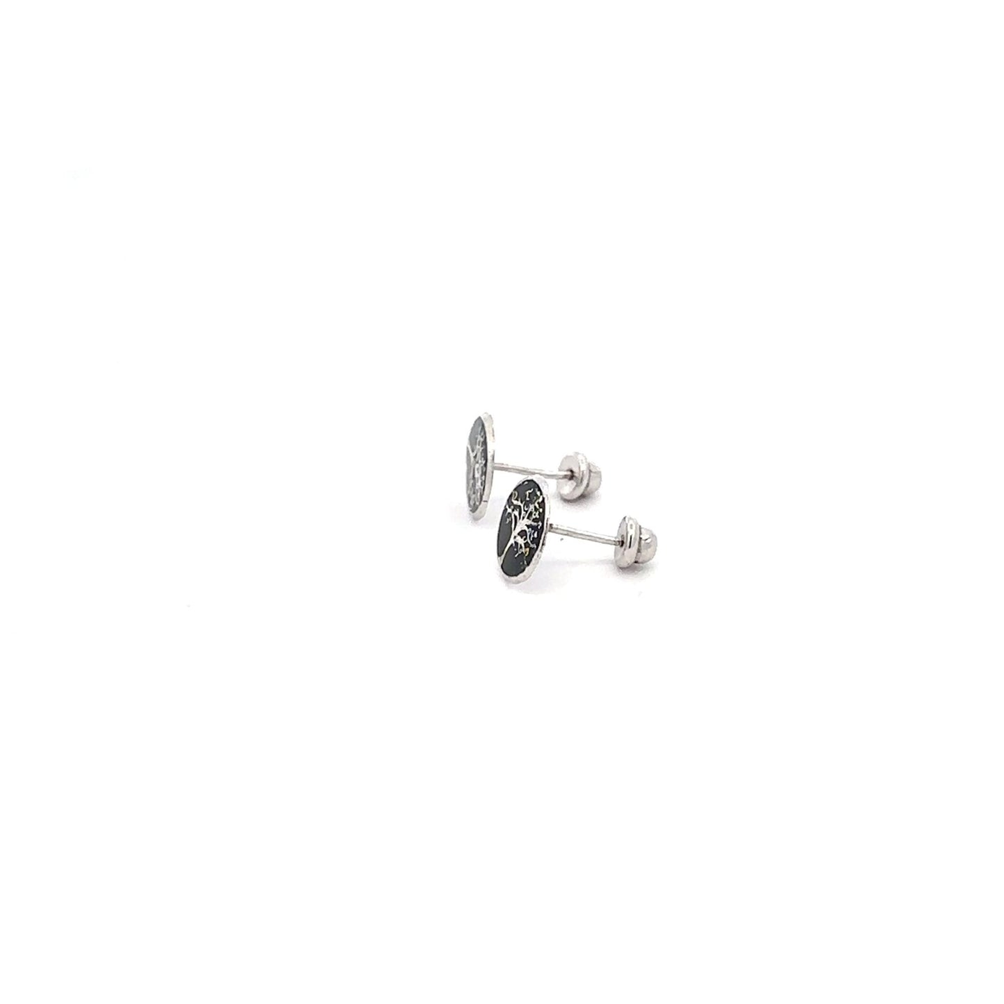 925 Sterling Silver Stud Tree of Life Black Earrings Small Screw Back - Rafant
