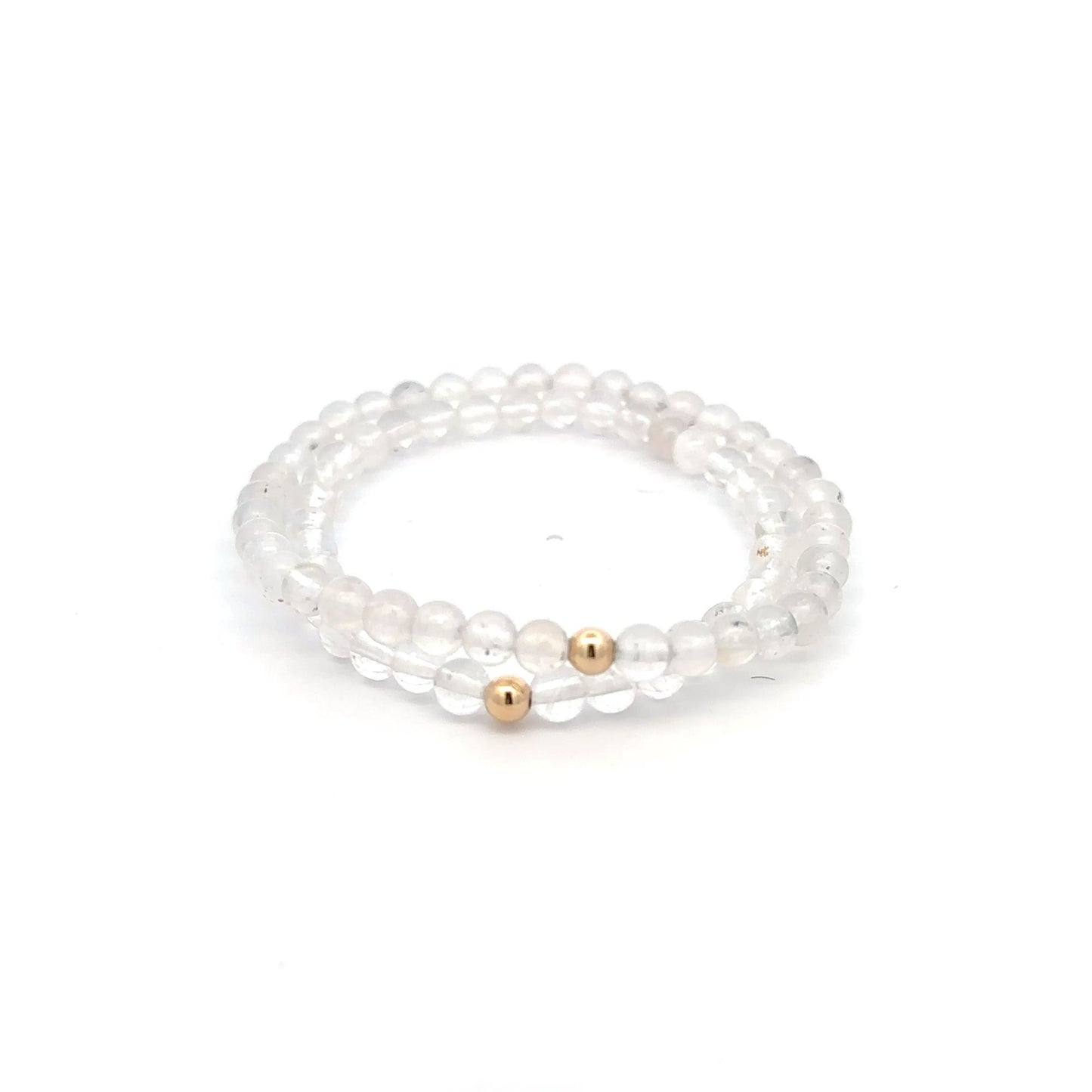 Moonstone & Clear Quartz Gemstone Stretch Bracelet with 14K Gold Accent Bead Handmade - Rafant