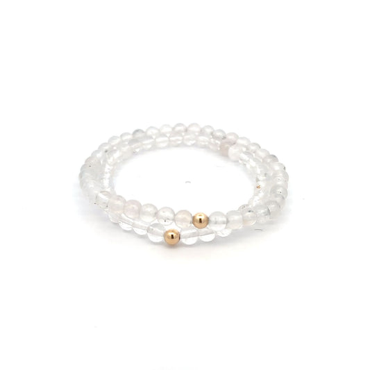 Moonstone & Clear Quartz Gemstone Stretch Bracelet with 14K Gold Accent Bead Handmade - Rafant