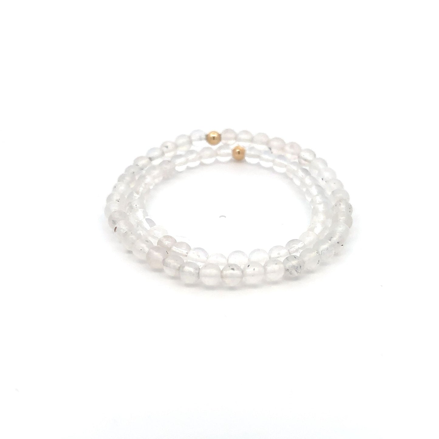 Moonstone & Clear Quartz Gemstone Stretch Bracelet with 14K Gold Accent Bead Handmade - Rafant