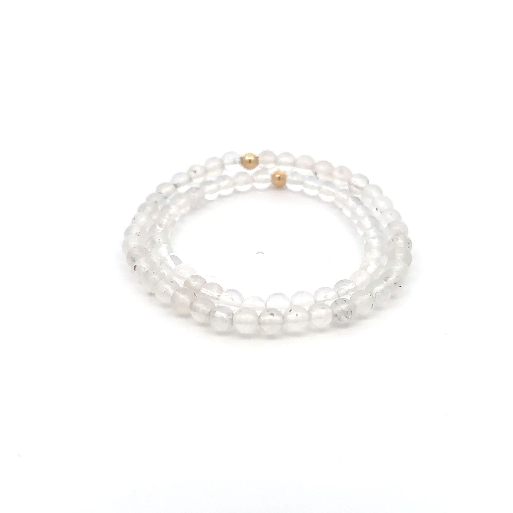 Moonstone & Clear Quartz Gemstone Stretch Bracelet with 14K Gold Accent Bead Handmade - Rafant
