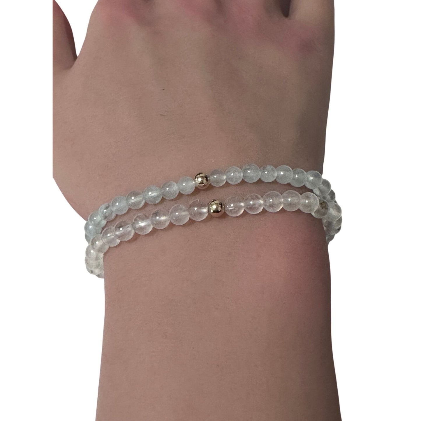Moonstone & Clear Quartz Gemstone Stretch Bracelet with 14K Gold Accent Bead Handmade - Rafant