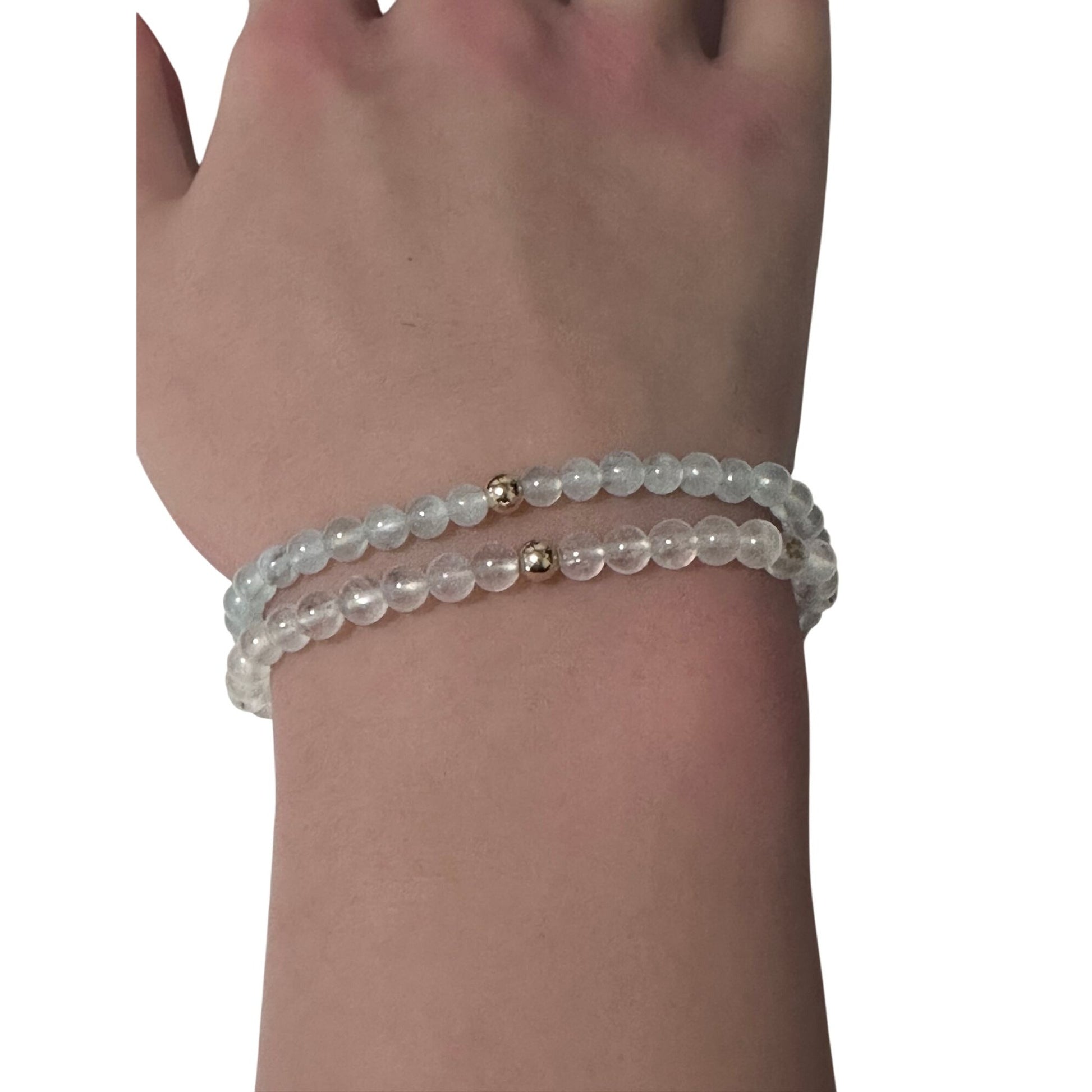 Moonstone & Clear Quartz Gemstone Stretch Bracelet with 14K Gold Accent Bead Handmade - Rafant