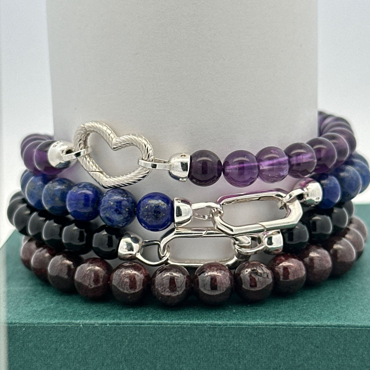 Sterling Silver Modular Gemstone Bracelet Natural Amethyst Lapis Tiger Eye Garnet Onyx Detachable Gate Clasp Charm Holder